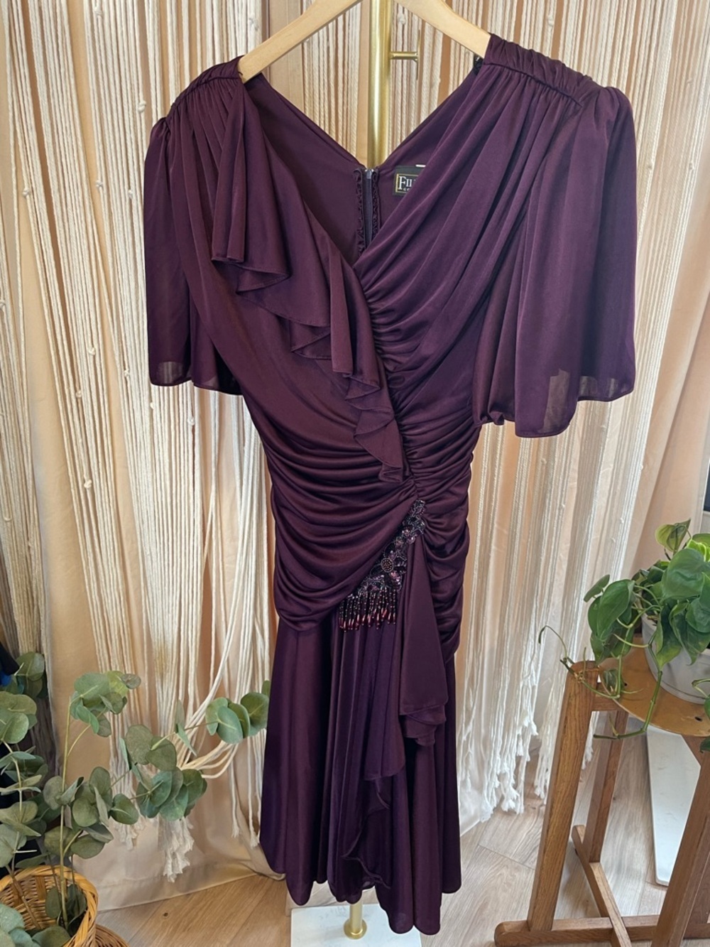 Vintage 80s Filigree LTD Ruched Cocktail Dress gown jewel tone plum Small S